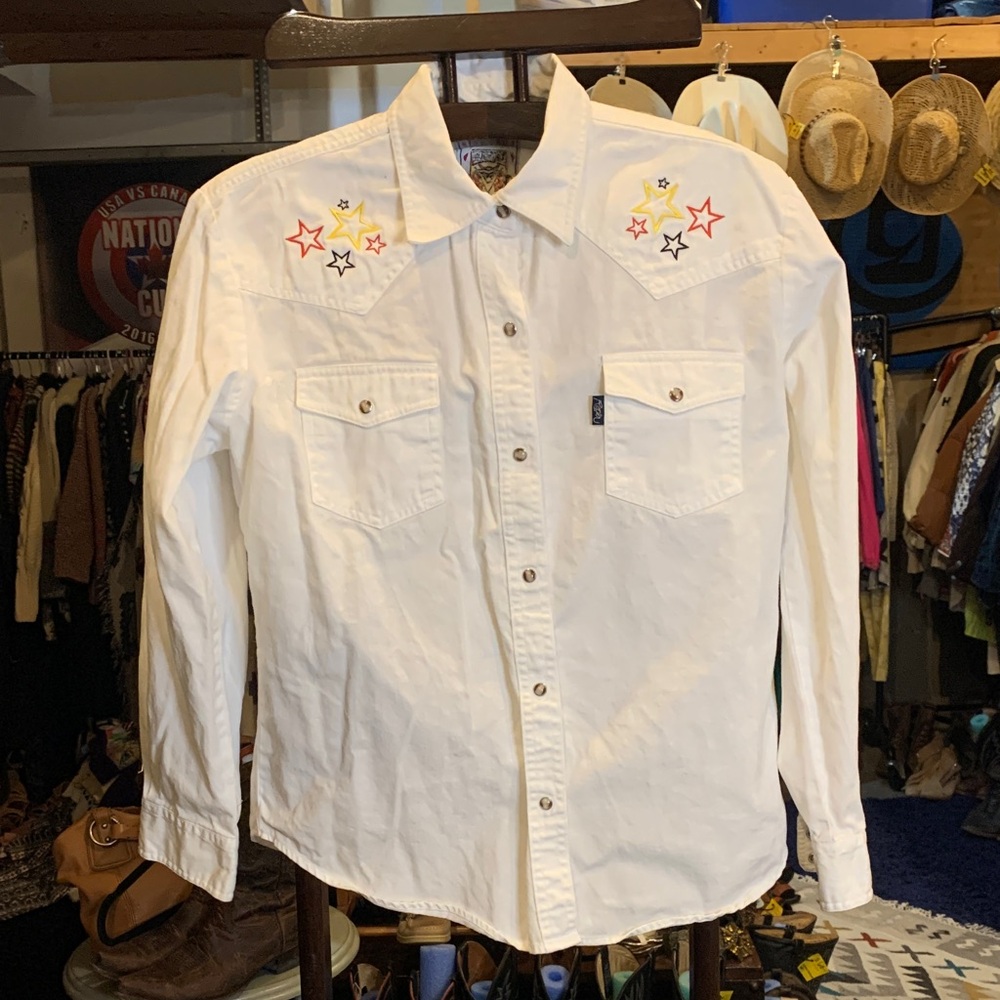 Roper White Button Down Shirt with star embroidered details